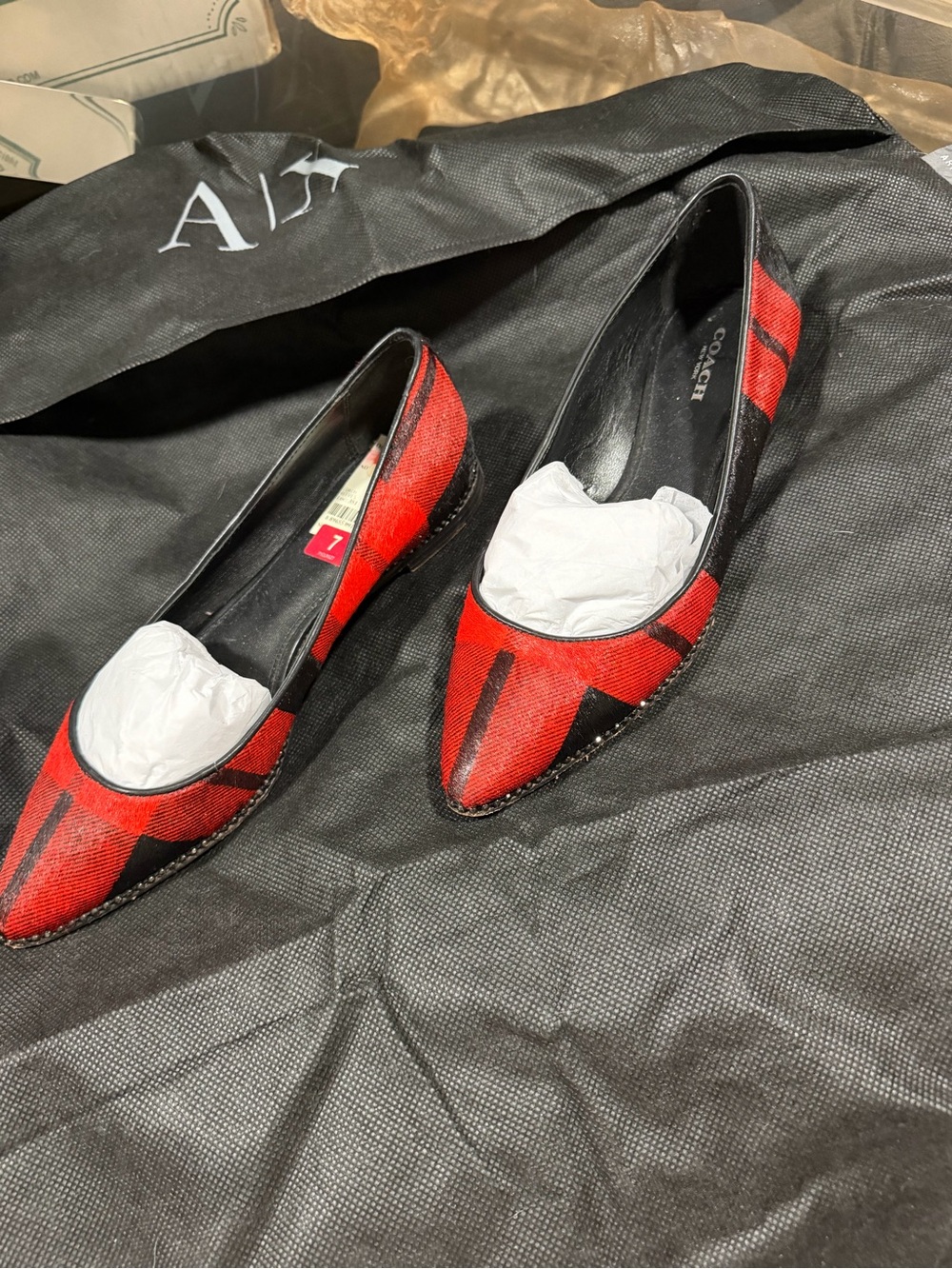 Coach Red and Black Pointed Toe Flats with Geometric Pattern